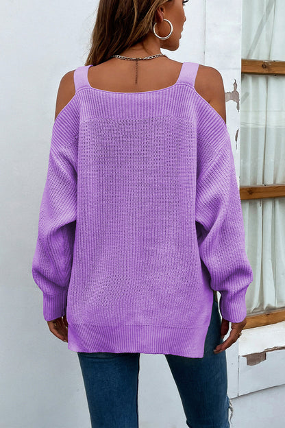 Ribbed Cold Shoulder Long Sleeve Knit Top