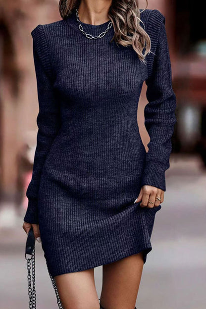 Rib-Knit Round Neck Sweater Dress